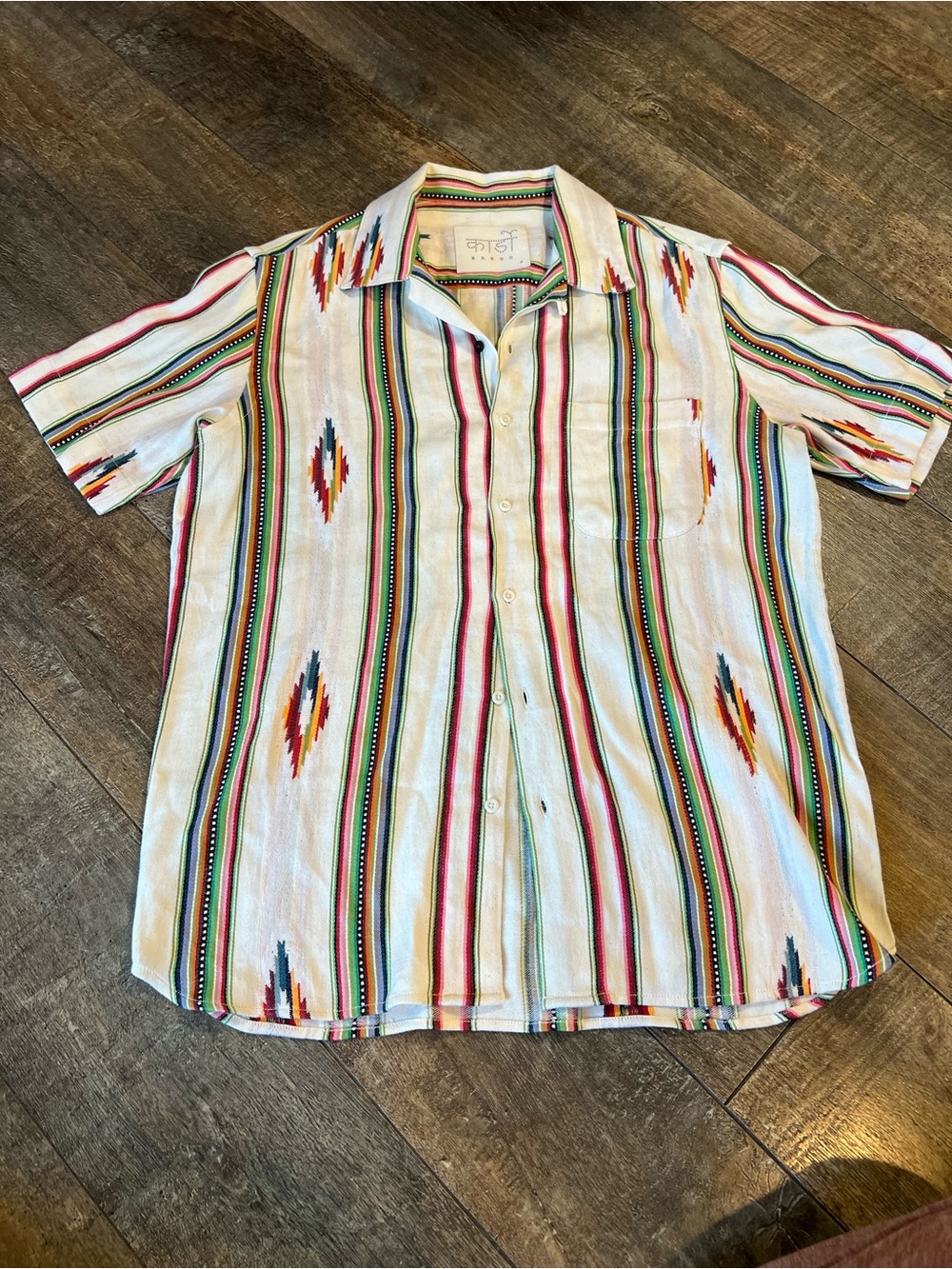 Kardo Lamar Camp Collar Shirt featuring a colorful, handwoven jacquard stripe